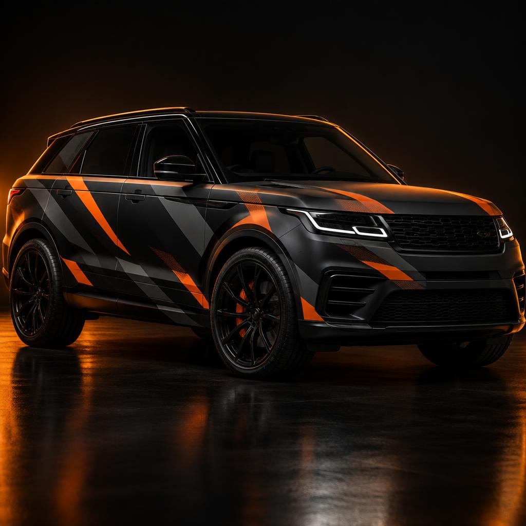 Custom vehicle wrap graphics on a matte black SUV